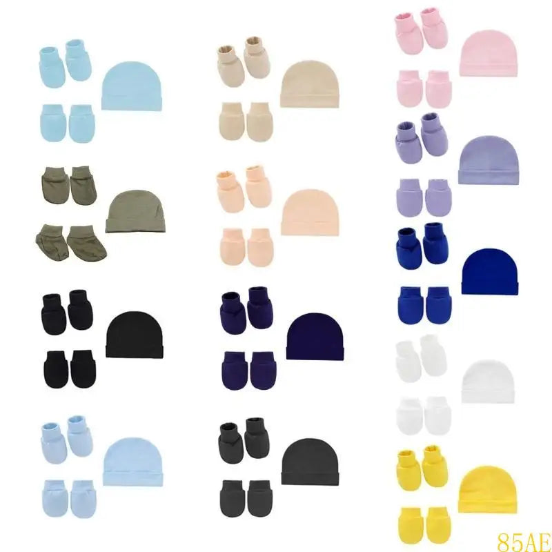 3 Pcs/Set Baby Anti Scratching Soft Cotton Gloves Hat Foot Cover Set Solid Color Spring Autumn Summer Single Layer